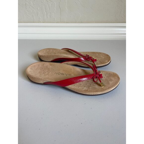 VIONIC Bella Red Patent Lizard Comfort Sandals Bow Toe Post Flip Flop US 9.5 - Picture 1 of 9